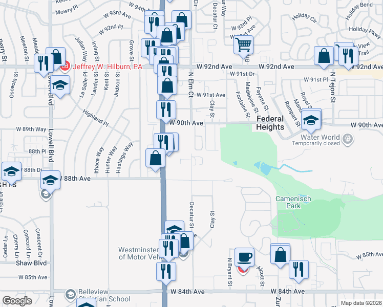 map of restaurants, bars, coffee shops, grocery stores, and more near 8899 North Elm Court in Federal Heights
