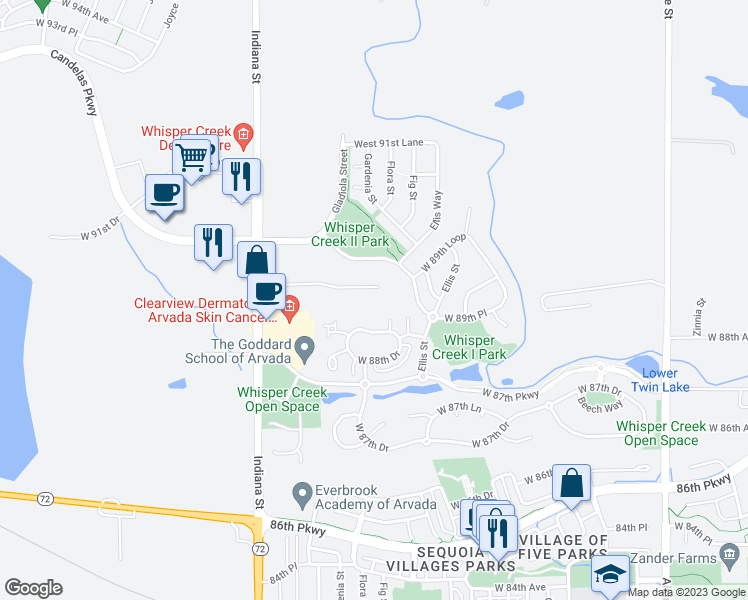 map of restaurants, bars, coffee shops, grocery stores, and more near 8850 Indiana Street in Arvada