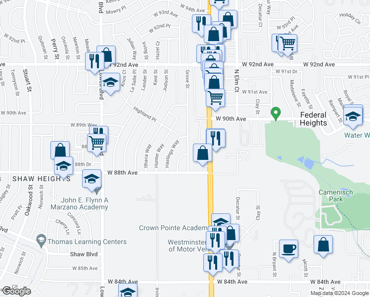 map of restaurants, bars, coffee shops, grocery stores, and more near 8881 Grove St in Westminster