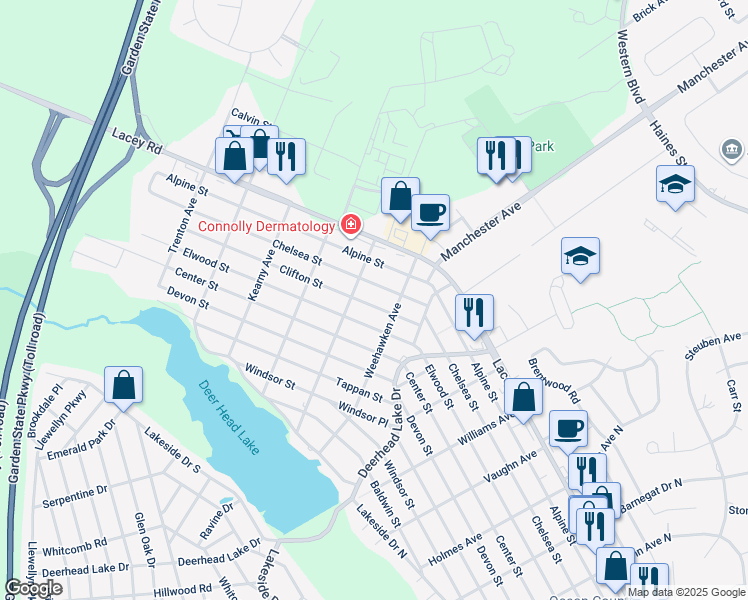 map of restaurants, bars, coffee shops, grocery stores, and more near 808 Clifton Street in Lacey Township
