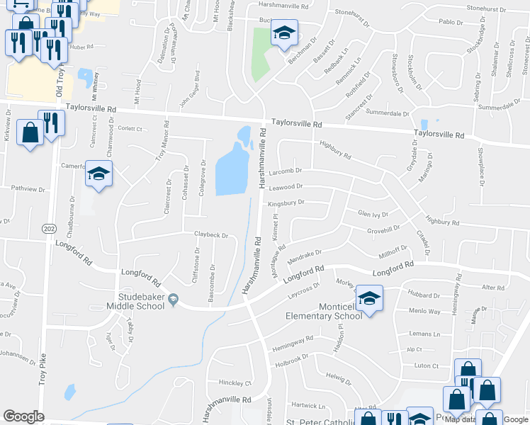 map of restaurants, bars, coffee shops, grocery stores, and more near 7142 Harshmanville Road in Dayton