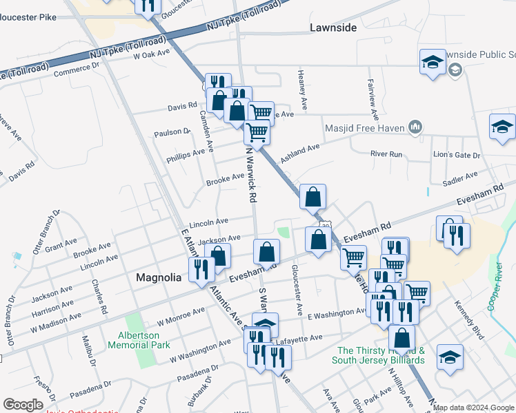 map of restaurants, bars, coffee shops, grocery stores, and more near 337 Warwick Road in Magnolia