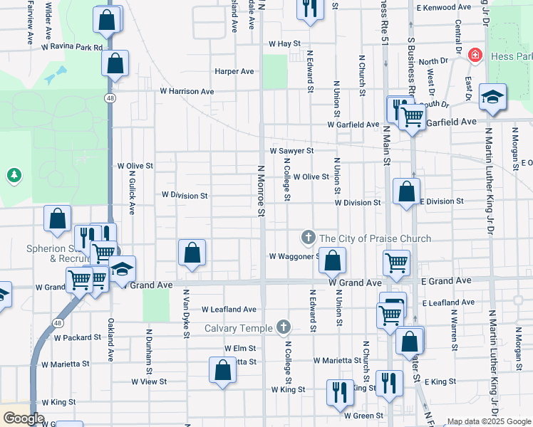 map of restaurants, bars, coffee shops, grocery stores, and more near 1548 North Monroe Street in Decatur