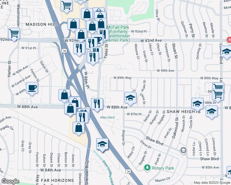map of restaurants, bars, coffee shops, grocery stores, and more near 4850 West 88th Place in Westminster