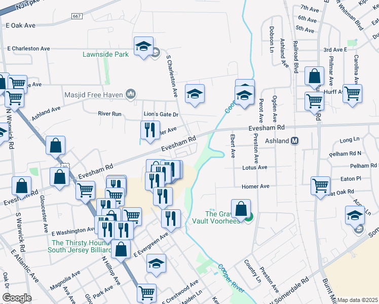 map of restaurants, bars, coffee shops, grocery stores, and more near 6 Stevens Court in Somerdale