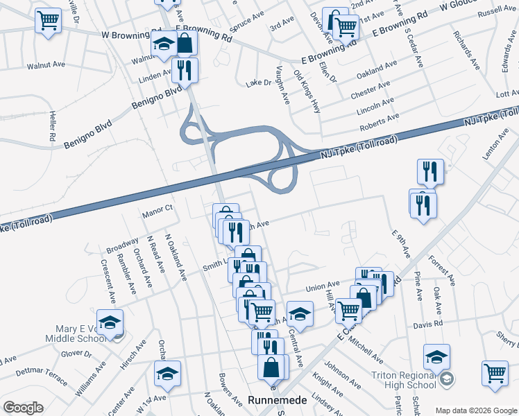 map of restaurants, bars, coffee shops, grocery stores, and more near 954 Central Avenue in Runnemede