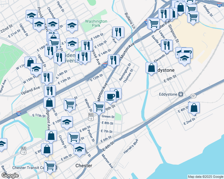 map of restaurants, bars, coffee shops, grocery stores, and more near 1019 McDowell Avenue in Chester