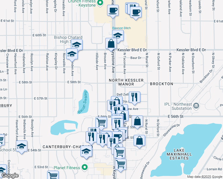 map of restaurants, bars, coffee shops, grocery stores, and more near 5754 North Keystone Avenue in Indianapolis