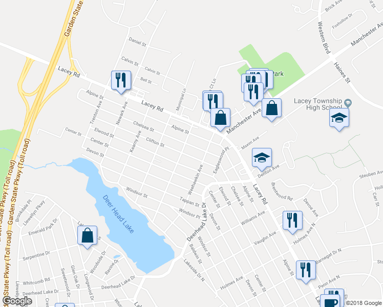 map of restaurants, bars, coffee shops, grocery stores, and more near 808 Clifton Street in Lacey Township