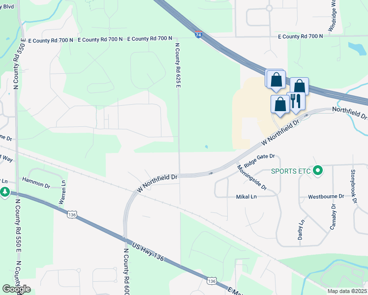 map of restaurants, bars, coffee shops, grocery stores, and more near 6505 North County Road 625 East in Brownsburg