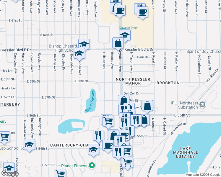 map of restaurants, bars, coffee shops, grocery stores, and more near 5758 Brouse Avenue in Indianapolis