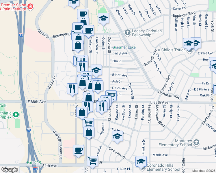 map of restaurants, bars, coffee shops, grocery stores, and more near 8925 Corona Street in Thornton