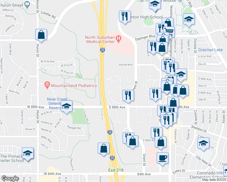 map of restaurants, bars, coffee shops, grocery stores, and more near 101 East 88th Avenue in Thornton