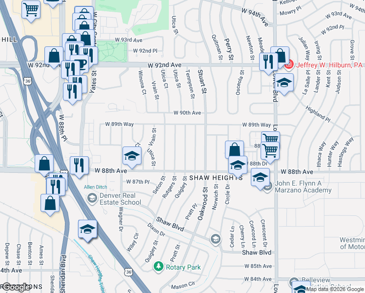 map of restaurants, bars, coffee shops, grocery stores, and more near 8872 Quigley Street in Westminster
