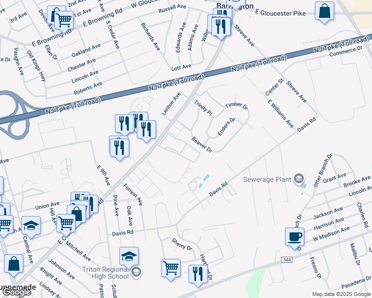 map of restaurants, bars, coffee shops, grocery stores, and more near 1200 Clements Bridge Road in Barrington
