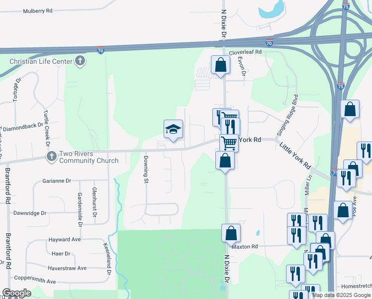 map of restaurants, bars, coffee shops, grocery stores, and more near 3686 Little York Road in Dayton