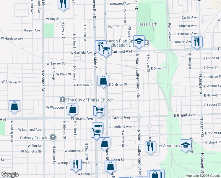 map of restaurants, bars, coffee shops, grocery stores, and more near 1586 North Water Street in Decatur
