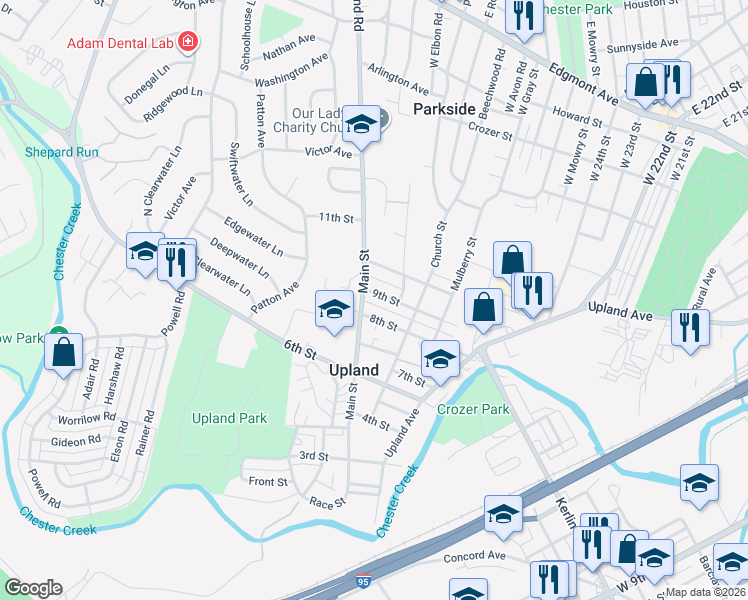 map of restaurants, bars, coffee shops, grocery stores, and more near 407 9th Street in Upland