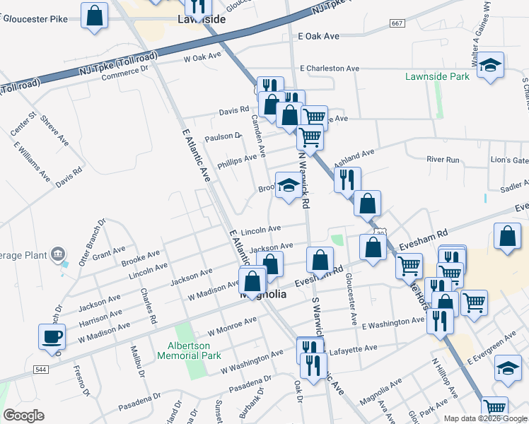 map of restaurants, bars, coffee shops, grocery stores, and more near 406 Camden Avenue in Magnolia