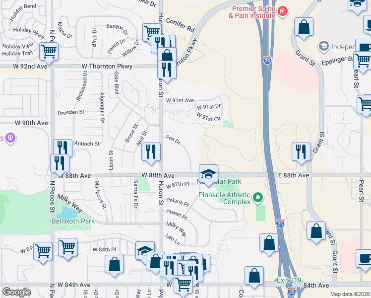 map of restaurants, bars, coffee shops, grocery stores, and more near Fox Drive in Thornton