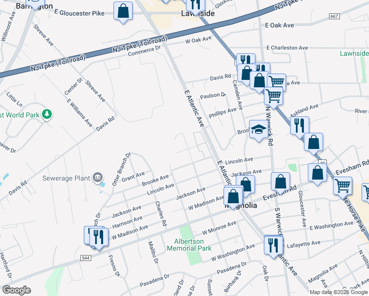 map of restaurants, bars, coffee shops, grocery stores, and more near 600 North Walnut Avenue in Magnolia