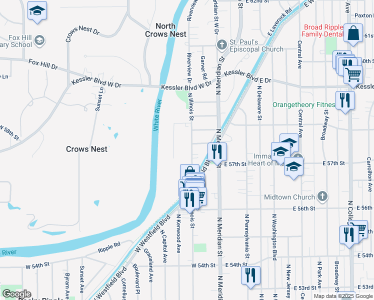 map of restaurants, bars, coffee shops, grocery stores, and more near 5670 North Illinois Street in Indianapolis