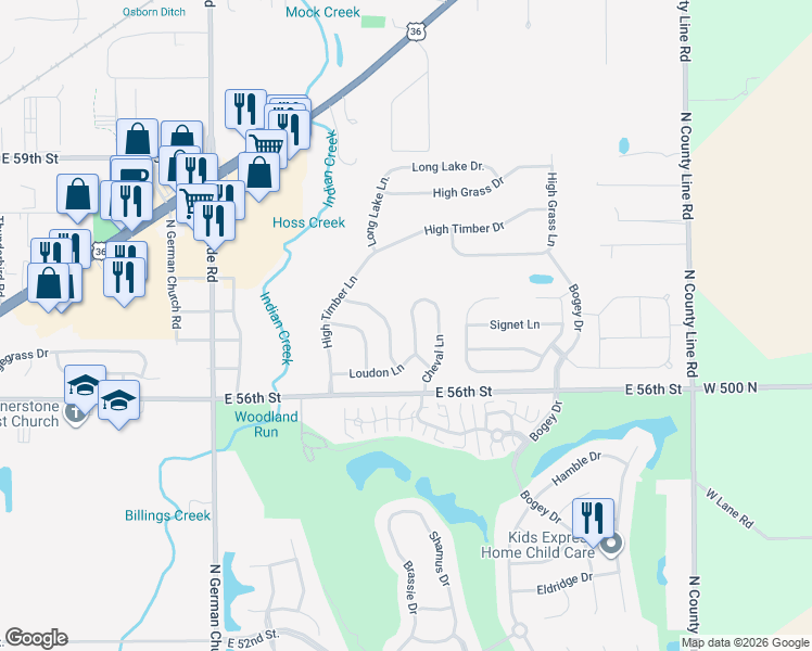 map of restaurants, bars, coffee shops, grocery stores, and more near 5668 Cheval Drive in Indianapolis