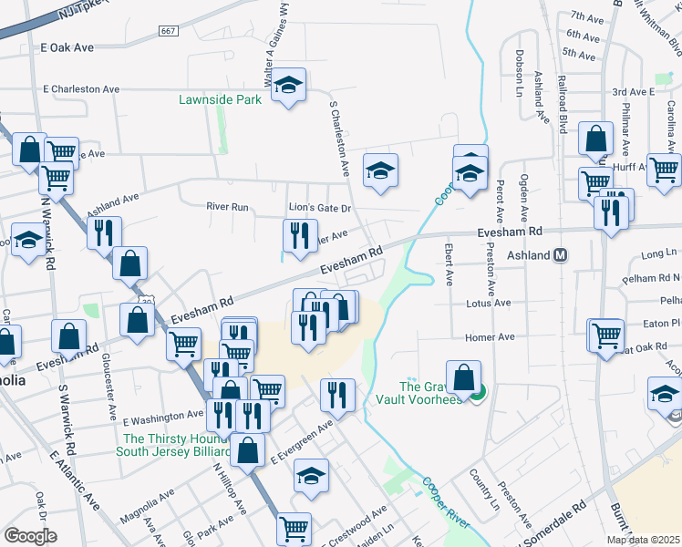 map of restaurants, bars, coffee shops, grocery stores, and more near 135 Franklin Circle in Somerdale