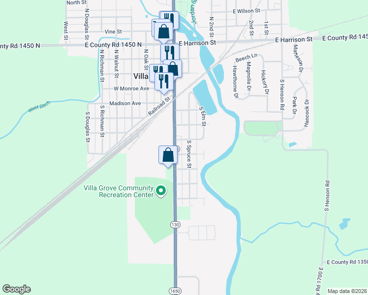 map of restaurants, bars, coffee shops, grocery stores, and more near 512 South Spruce Street in Villa Grove
