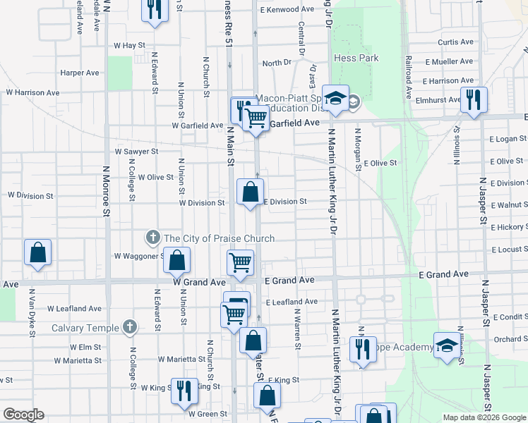 map of restaurants, bars, coffee shops, grocery stores, and more near 1586-1598 North Water Street in Decatur