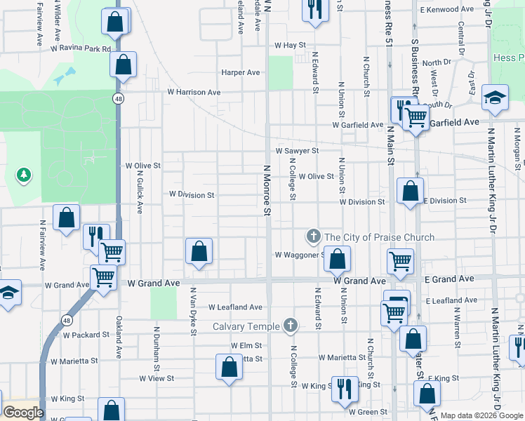 map of restaurants, bars, coffee shops, grocery stores, and more near 1548-1598 N Monroe St in Decatur