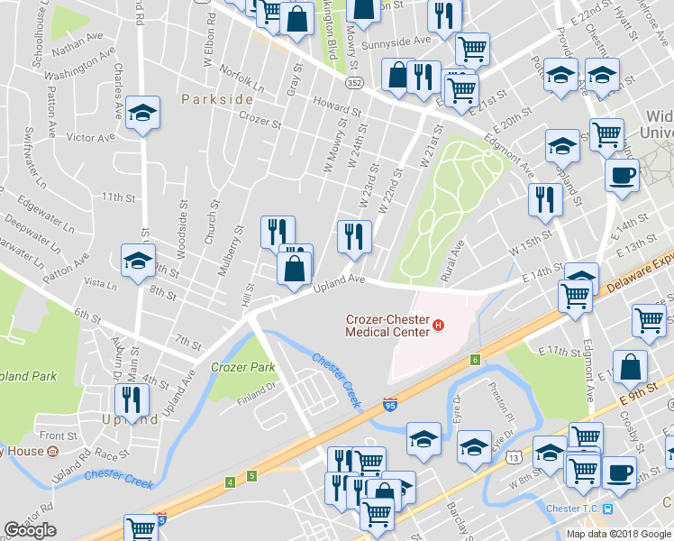 map of restaurants, bars, coffee shops, grocery stores, and more near 911 Upland Avenue in Chester
