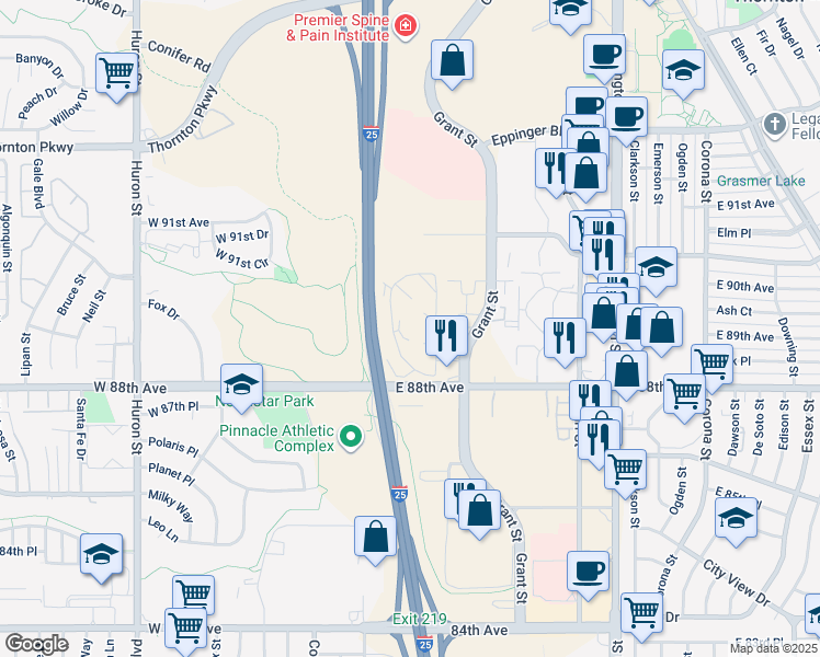 map of restaurants, bars, coffee shops, grocery stores, and more near 101 East 88th Avenue in Thornton