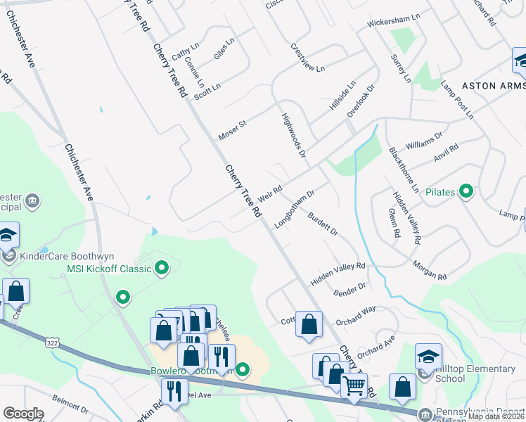 map of restaurants, bars, coffee shops, grocery stores, and more near 813 Cherry Tree Road in Aston