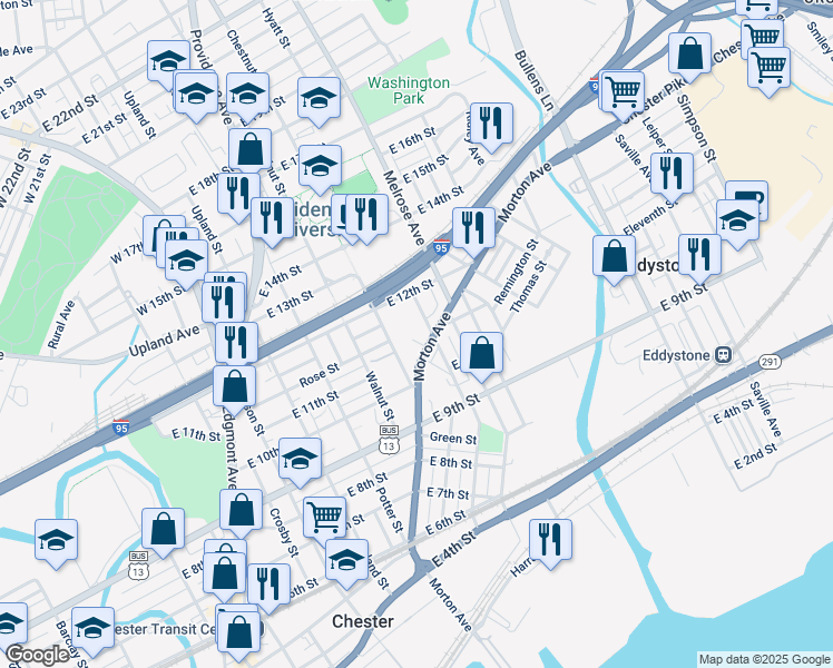 map of restaurants, bars, coffee shops, grocery stores, and more near 1 Blakley Street in Chester