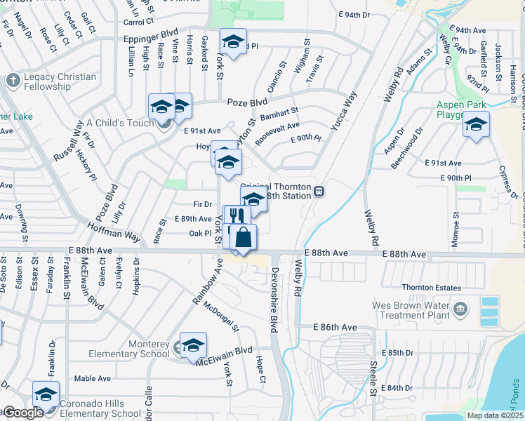 map of restaurants, bars, coffee shops, grocery stores, and more near in Thornton