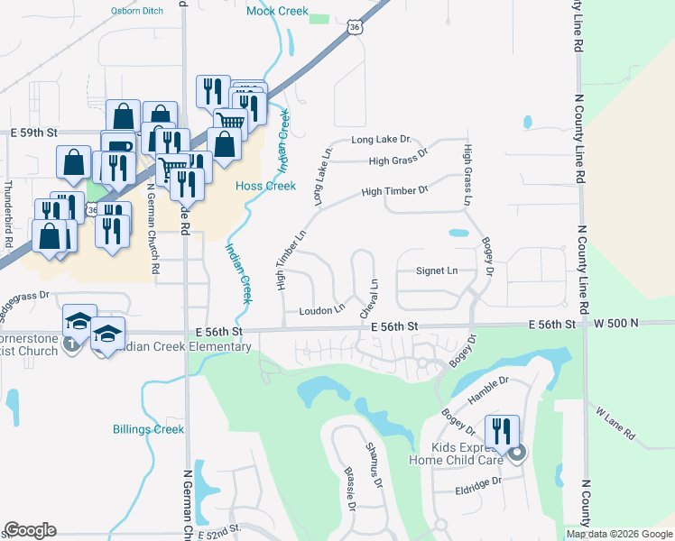 map of restaurants, bars, coffee shops, grocery stores, and more near 5668 Cheval Drive in Indianapolis