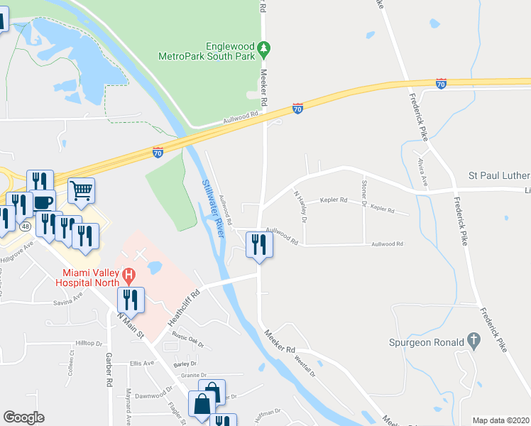 map of restaurants, bars, coffee shops, grocery stores, and more near 400 Little York Road in Dayton