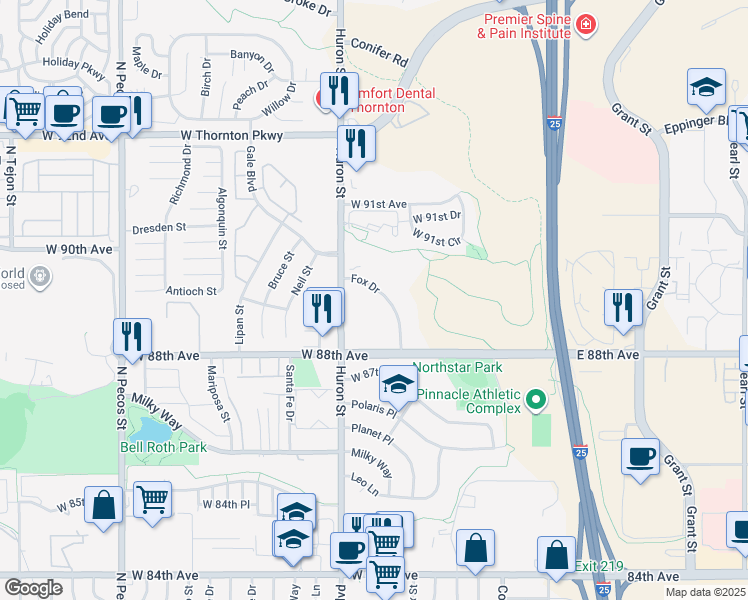 map of restaurants, bars, coffee shops, grocery stores, and more near 8889 Fox Drive in Thornton