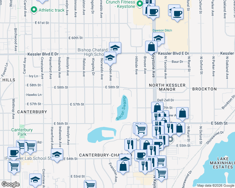 map of restaurants, bars, coffee shops, grocery stores, and more near 5740 Evanston Avenue in Indianapolis
