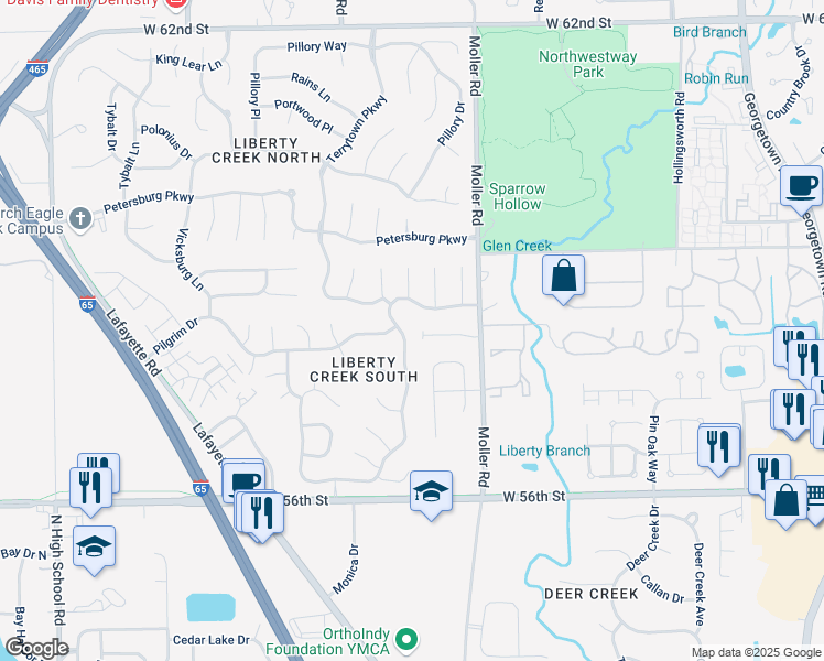 map of restaurants, bars, coffee shops, grocery stores, and more near 5782 Liberty Creek Drive East in Indianapolis
