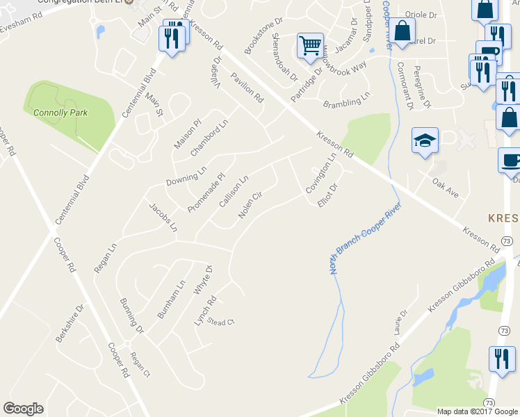 map of restaurants, bars, coffee shops, grocery stores, and more near 42 Covington Lane in Voorhees Township