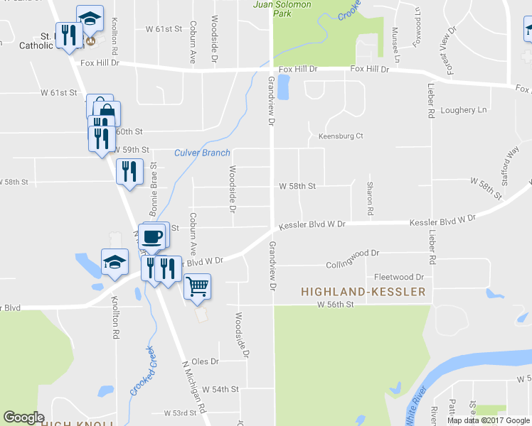 map of restaurants, bars, coffee shops, grocery stores, and more near 5740 Grandview Drive in Indianapolis