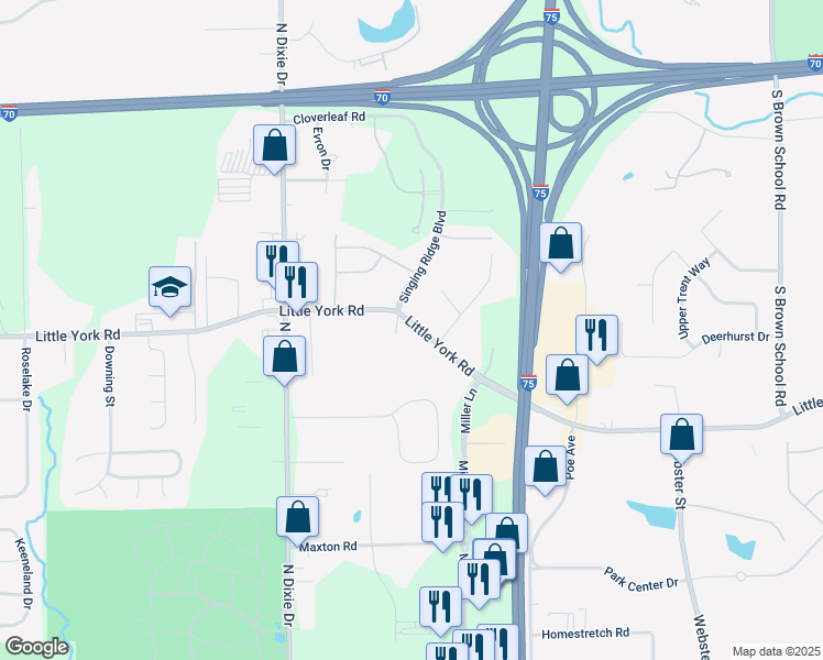 map of restaurants, bars, coffee shops, grocery stores, and more near 3970 Little York Road in Dayton