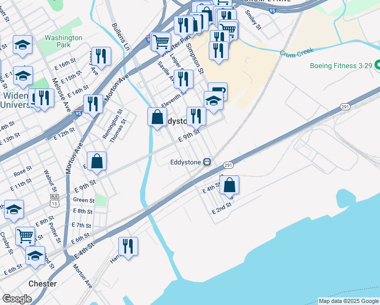 map of restaurants, bars, coffee shops, grocery stores, and more near 738 Ashland Avenue in Eddystone