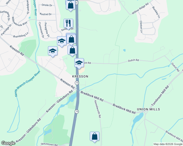 map of restaurants, bars, coffee shops, grocery stores, and more near 110 Dutch Road in Evesham