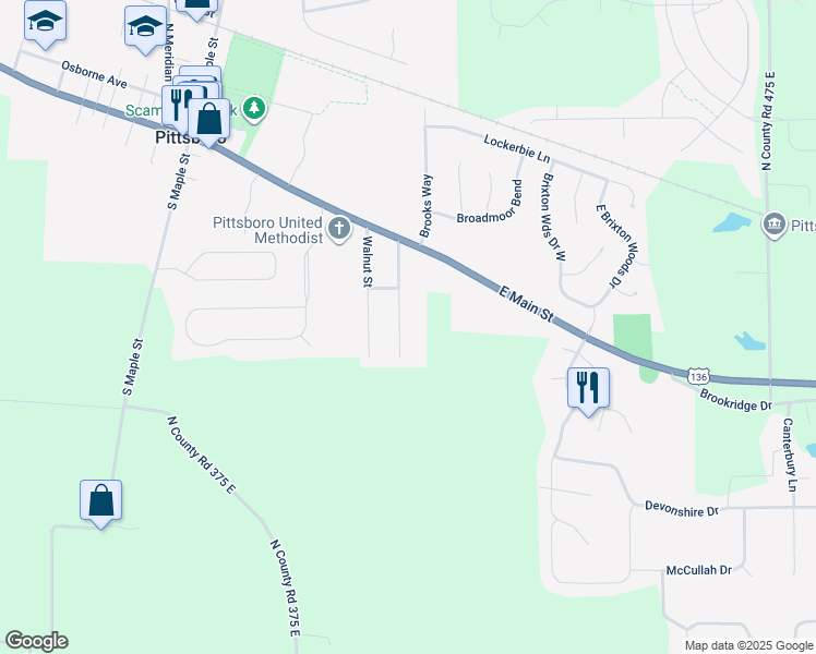 map of restaurants, bars, coffee shops, grocery stores, and more near 117 Smith Street in Pittsboro
