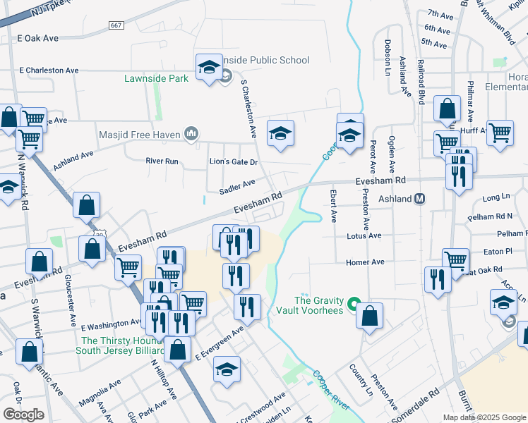 map of restaurants, bars, coffee shops, grocery stores, and more near 22 Tylers Court in Somerdale