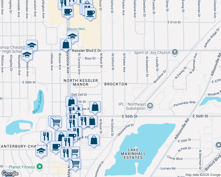 map of restaurants, bars, coffee shops, grocery stores, and more near 5736 North Oxford Street in Indianapolis