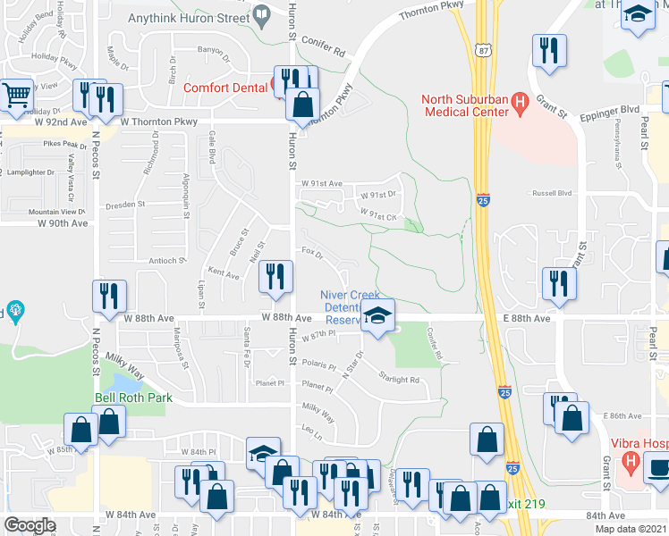map of restaurants, bars, coffee shops, grocery stores, and more near Fox Drive in Thornton